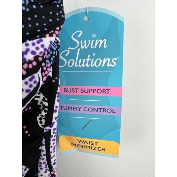 Women's Swim Solutions Black Printed Tummy Control One Shoulder Swimsuit 8 - Picture 4 of 7